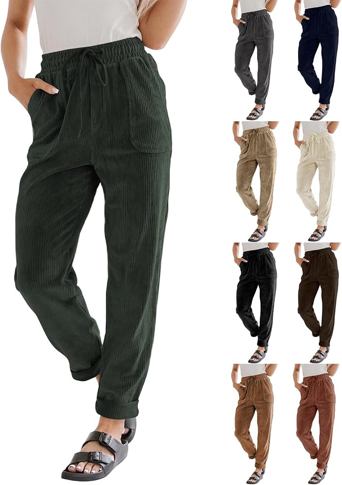 Womens Corduroy Pants Straight Leg Baggy Drawstring Elastic Waist